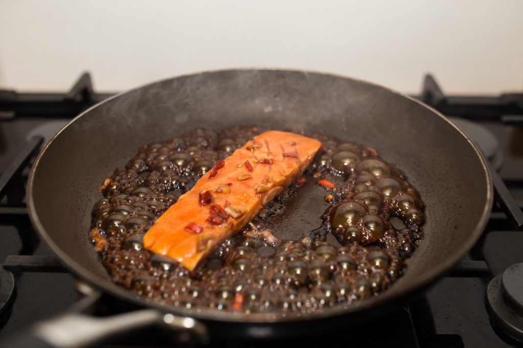 Salmon on a frying pan